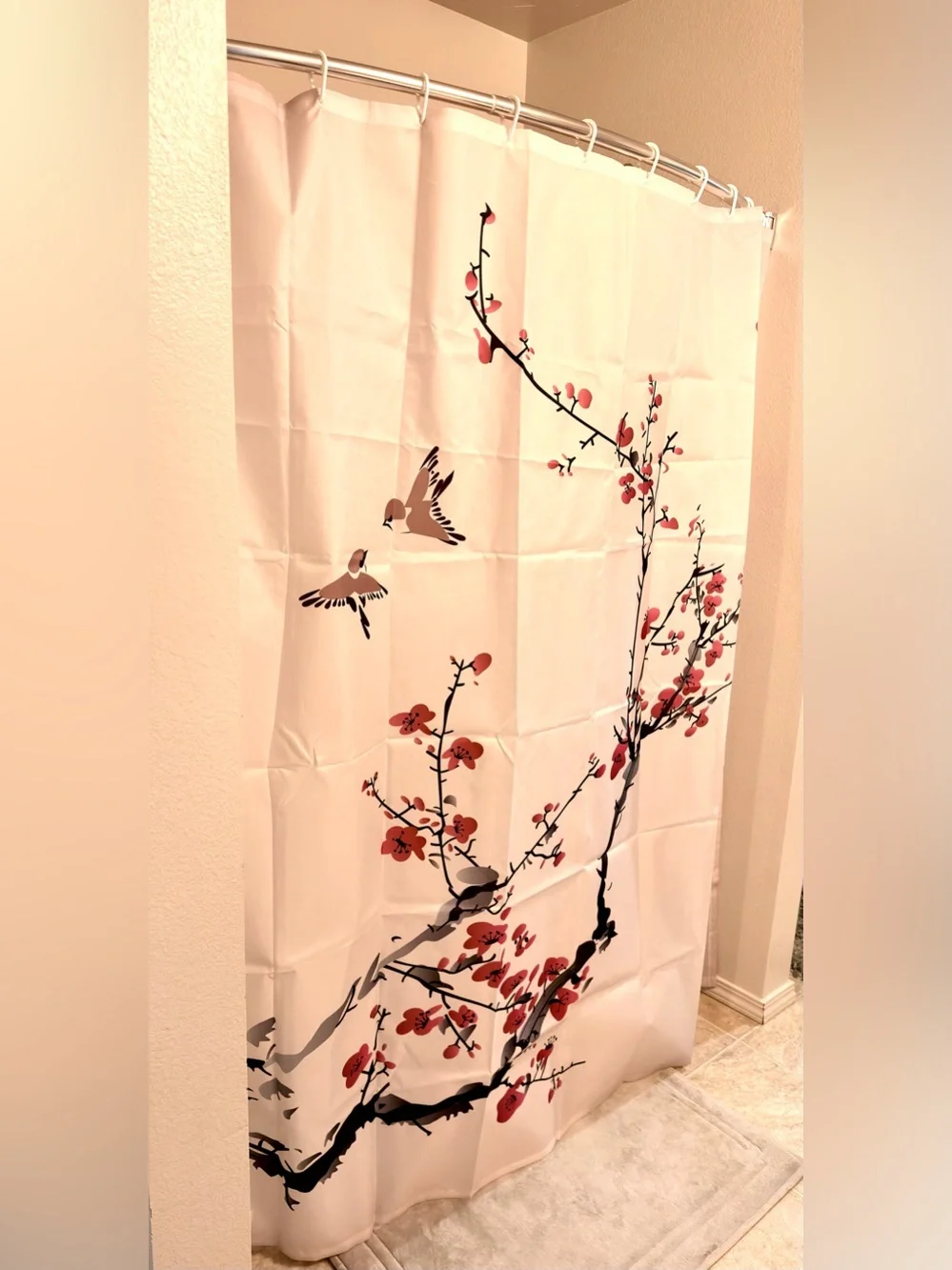Red Black Bird Blossom Shower Curtain Japenese Inspired
